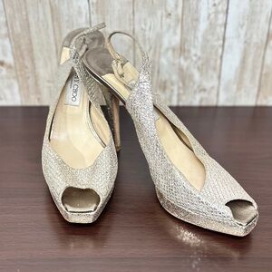 Jimmy Choo Nova Glitter Peep Toe Slingback Pumps in Gold Leather [S4200]